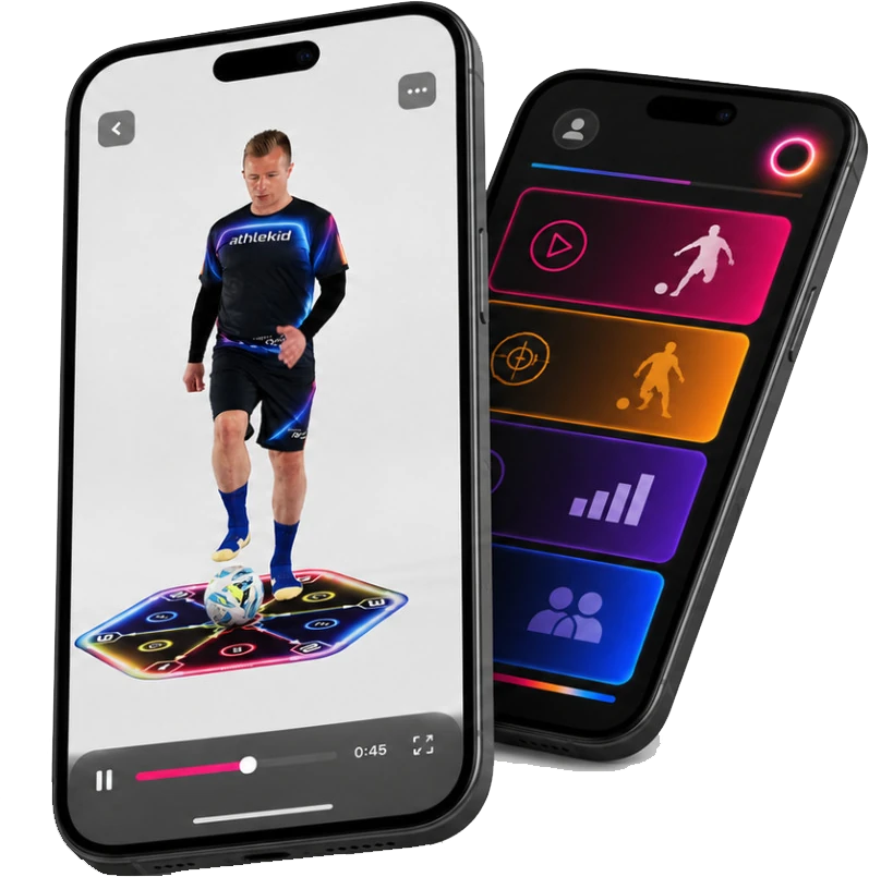 The Athlekid app on two phones, showing a session screen